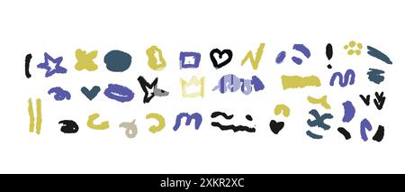 Sammlung von handgezeichneten bunten Holzkohle-Kritzelformen und Squiggles, Kritzeleien. Bleistiftzeichnungen isoliert auf weiß. Krone, Sterne, Herz und Pfeile d Stock Vektor