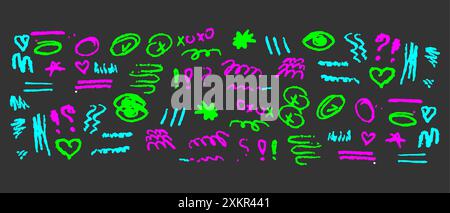 Sammlung von handgezeichneten bunten Holzkohle-Kritzelformen und Squiggles, Kritzeleien. Bleistiftzeichnungen isoliert auf weiß. Krone, Sterne, Herz und Pfeile kritzeln Collage-Elemente. Stock Vektor