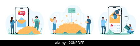 E-Mail-Spam-Überladung, Phishing und Betrug eingestellt. Winzige Leute mit vielen Marketing-Briefen, Newslettern und Nachrichten aus der vollständigen Mailbox-App, Betrugsangriff aus offener Umschlag Cartoon-Vektor-Illustration Stock Vektor