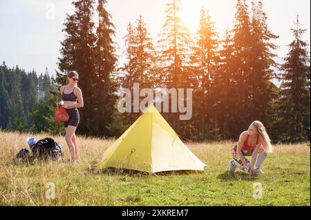 Zwei Frauen, die in den Bergen campen. Zwei weibliche Touristen, die zusammen wandern. Freunde tragen Sportbekleidung, machen Campingplatz, reden. Freiheitsbegriff und Harmonie mit der Natur. Stockfoto