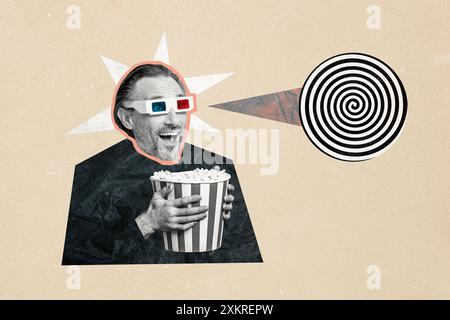 Collage-Bild des fröhlichen glücklichen Mannes, der Kino isoliert auf zeichnendem farbigem Hintergrund sieht Stockfoto