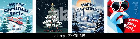 Frohe Weihnachten und Happy New Year quadratisches Banner-Set. Fröhlicher Feiertag Weihnachtsfeier Flyer. Polar Express bringt Geschenke in die Winterstadt. Geschmückter Weihnachtsbaum und Weihnachtsmann-EPS-Grußkarte Stock Vektor