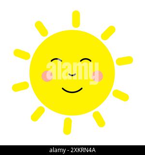 Symbol für die lächelnde Sonne. Niedliches glückliches Gesicht. Vektorabbildung. Gelbe und rosafarbene Farben. Stock Vektor