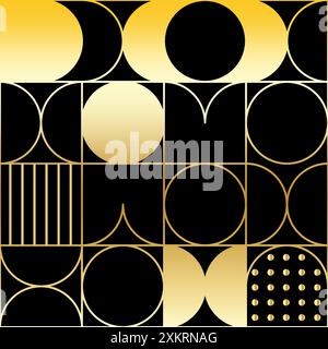 Abstraktes geometrisches Muster. Schwarz und Gold. Verschiedene Formen. Vektorabbildung. Stock Vektor