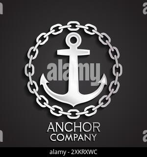 Ankerlogo in glänzendem Silber in 3D mit Kettenkreis Stock Vektor