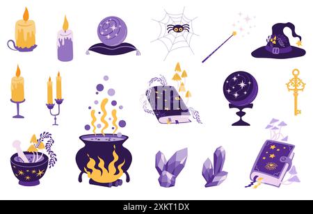 Liebestrank, Zauberbuch. Magisches Elixier. Isolierte Hexenwerkzeuge und mystische Symbole. Stock Vektor