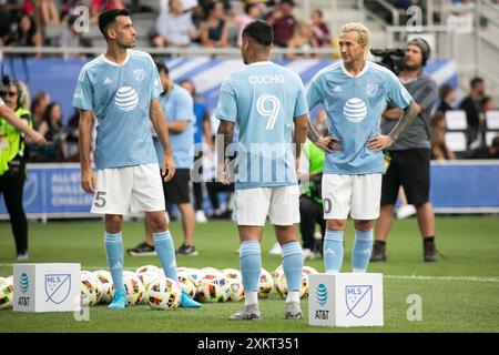 Columbus, Ohio, USA. Juli 2024. Inter-Miami-Mittelfeldspieler Sergio Busquets (links), Torontos FC-Stürmer Federico Bernardeschi (Mitte), Columbus-Crew-Stürmer Cucho Hernandez (rechts). Die MLS All-Star Challenge findet am Tag vor dem All-Star-Spiel zwischen MLS und Liga MX im Feld Lower.com statt. Quelle: Kindell Buchanan/Alamy Live News Stockfoto