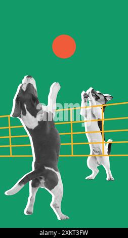 Zwei reinrassige Hunde spielen fröhlich Beachvolleyball vor grünem Hintergrund. Zeitgenössische Kunstcollage. Stockfoto
