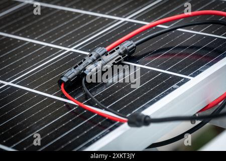 Nahaufnahme der mc4-Anschlüsse über dem Solarpanel. Erneuerbare Energien und Nachhaltigkeitskonzept Stockfoto