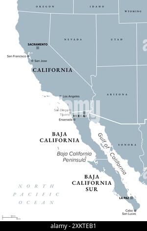 Die Californias, eine Region Nordamerikas, graue politische Karte. Die USA und Mexiko umspannt. Stockfoto