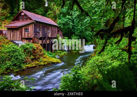 Alte Holzmühle am Fluss mit Wasserfällen in bewaldeter Gegend Stockfoto