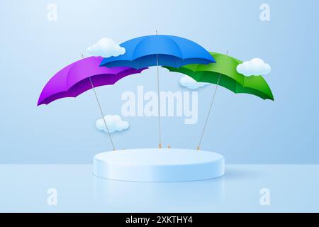 Monsun Sale Podium Vorlage. Hintergrund mit Podium und Wolken, Herbstillustration mit bunten Regenschirmen. Vektorabbildung. Stock Vektor
