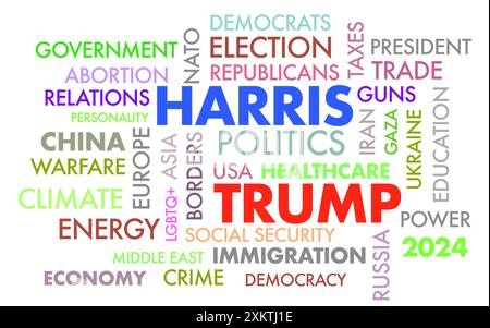 Die Präsidentschaftswahlen von Kamala Harris und Donald Trump 2024. Wortwolke zeigt ihre politischen Schlüsselfragen. Konzeptabbildung isoliert auf weißem Hintergrund Stockfoto