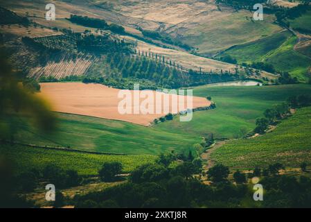 Ein Blick aus der Vogelperspektive auf die sanften Hügel der Toskana, Italien, mit einer kurvenreichen Straße durch die Felder. Die Landschaft ist ein Flickenteppich aus grünen Feldern, braun hil Stockfoto