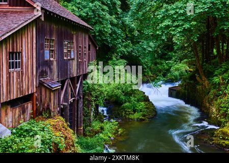 Altes hölzernes Mühlenhaus über dem Rapid River in üppiger Forest Eye-Perspektive Stockfoto