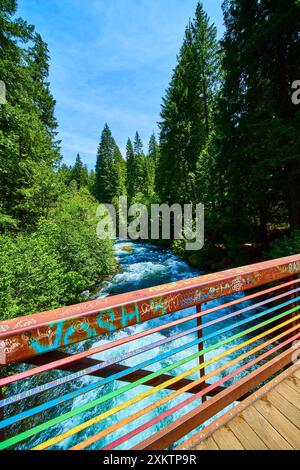 Graffiti-geschmückte Fußgängerbrücke über den Rushin River in Forested Trail View Stockfoto