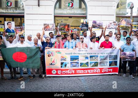 Rom, Rm, Italien. Juli 2024. Mitglieder der bangladeschischen Gemeinde Roms versammeln sich, um die Regierung von Bangladesch zu unterstützen und Proteste und Gewalt zu stoppen. (Kreditbild: © Marco Di Gianvito/ZUMA Press Wire) NUR REDAKTIONELLE VERWENDUNG! Nicht für kommerzielle ZWECKE! Stockfoto