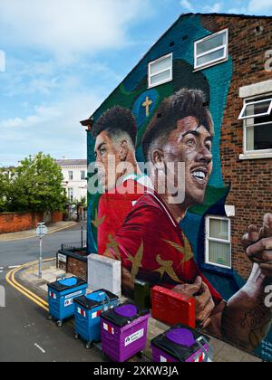 Aus der Vogelperspektive des Bobby Firmino Wandgemäldes von Murwalls auf der Rockfield Rd L4 in der Nähe des Liverpool Football Club Stadions. Stockfoto