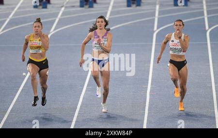 Gina Lückenkemper aus Deutschland, Amy Hunt aus Großbritannien und Rani Rosius aus Belgien traten im 100-m-Halbfinale beim Leichtathletik-Europameister an Stockfoto