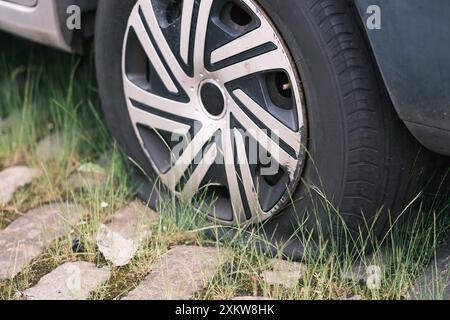 Plattreifen Eines Verwachsenen, Verlassenen Autos Stockfoto