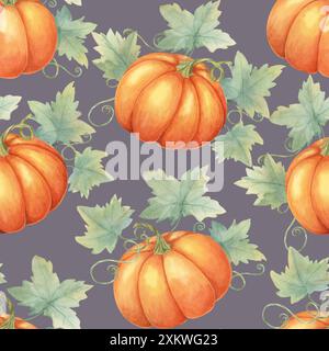 Orangefarbene Kürbisse und grüne Blätter bilden den Hintergrund für Clipart. Nahtloses Aquarellmuster zur Verwendung in Wohnkultur, Veranstaltungseinladungen, Themenartikeln und saisonalem Geschirr. Stockfoto