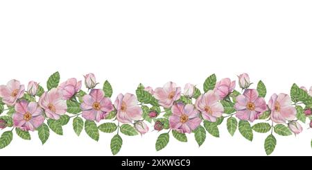 Der nahtlose Rand der wilden Rose zeigt Gruppen von rosa Blumen mit grünen Blättern in Aquarell, perfekt für verschiedene Designprojekte. Hagebuttenklammer für Grußkarten, Veranstaltungsdekoration und Verpackung Stockfoto