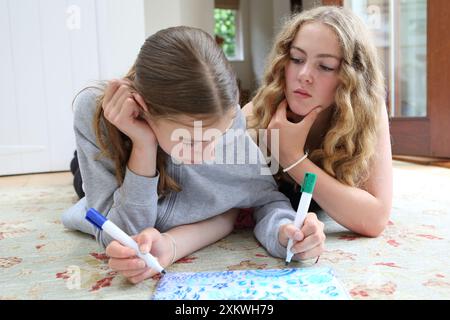 Zwei Mädchen, die Mathematik machen, liegen auf dem Boden, schreiben auf Whiteboard mit Stiften Algebra Fraktionen Mathematik Schwestern Mathematik Bildung Mädchen in MINT Stockfoto