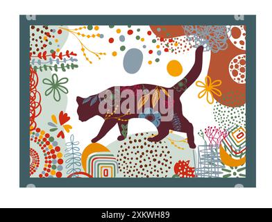 Florale Katze Silhouette, Silhouette von Katzen aus Blumen. Handzeichnung. Poster für den Innenraum. Postkarte für Tierliebhaber. Nicht AI, Vektorillustration Stock Vektor