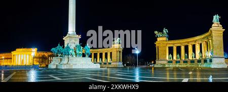 Die Kolonnade und die Säule des Millenniums-Denkmals, eines der bemerkenswertesten Wahrzeichen Budapests auf der Heroes Sqaure und dem Museum der Schönen Künste, Ungarn Stockfoto