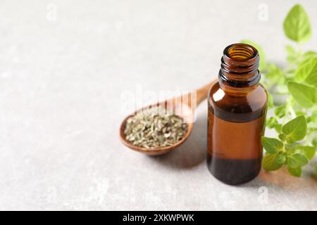 Ätherisches Öl in der Flasche, Löffel mit trockenem Kraut und Oregano-Zweigen auf leicht strukturiertem Tisch, Nahaufnahme. Leerzeichen für Text Stockfoto