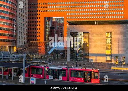 Gerichtsgebäude rechts, Gebäude der Staatsanwaltschaft, rot, auf Wilhelminaplein, auf der Nieuwe Maas, Kop van Zuid, Rotterdam, Niederlande Stockfoto