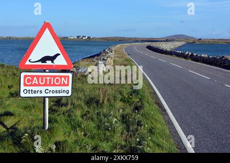 Otter, Straßenschild, Warnung vor Otter, der den Damm überquert... Stockfoto