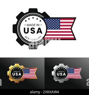 Hergestellt in den USA mit Ausrüstung und Flagge. Hergestellt in amerikanisch für Banner, Stempel, Aufkleber, Icon, Logo, Symbol, Etikett, Abzeichen, Siegel, Schild. Vektorabbildung Stock Vektor