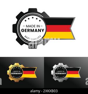 Hergestellt in Deutschland mit Ausrüstung und Flaggendesign. Für Banner, Stempel, Aufkleber, Symbol, Logo, Symbol, Etikett, Abzeichen, Siegel, Schild. Vektorabbildung Stock Vektor