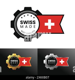 Schweizer hergestellt mit Ausrüstung und Flaggendesign. Hergestellt in der Schweiz für Banner, Stempel, Aufkleber, Icon, Logo, Symbol, Etikett, Abzeichen, Siegel, Schild. Vektor Stock Vektor