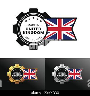 Hergestellt in Großbritannien und Großbritannien mit Ausrüstung und Flagge. Für Banner, Stempel, Aufkleber, Symbol, Logo, Symbol, Etikett, Abzeichen, Siegel, Schild. Vektorabbildung Stock Vektor