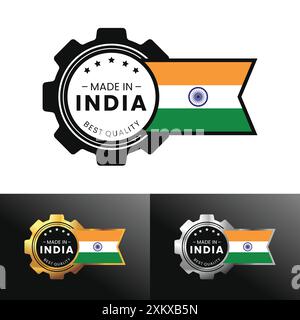 Hergestellt in Indien mit Ausrüstung und Flagge. Für Banner, Stempel, Aufkleber, Symbol, Logo, Symbol, Etikett, Abzeichen, Siegel, Schild. Vektorabbildung Stock Vektor