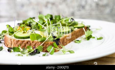 Eine Scheibe geröstetes Brot, garniert mit Mikrogemüse, Gurke und einem weißen Aufstrich auf einer weißen Platte Stockfoto