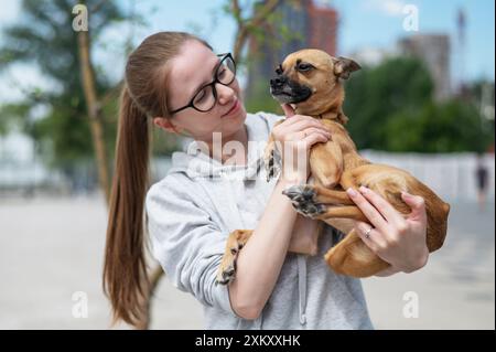 Junge kaukasische Frau, die einen kleinen Hund in der Hand hält. Stockfoto