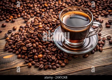 Kaffeebohnen und ein Glas Kaffee auf dem Holztisch Stockfoto