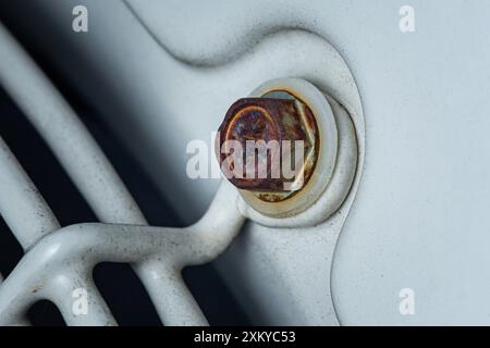 Nahaufnahme eines rostigen Bolzens, der die Auswirkungen von Zeit und Oxidation auf Metalloberflächen hervorhebt. Stockfoto