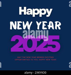 2025 Happy New Year mit strahlender weißer Farbe auf dunkelblauem Hintergrund. Realistischer 2025-Lila-Texteffekt. Quadratischer Rahmen für Calendar 2025 Stock Vektor