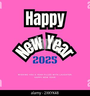 Happy 2025 New Year Vector Design. Kreatives einfaches Kalligraphie-Vektordesign. Kurventext Happy New Year auf einfachem, flachem rosa Hintergrund Stock Vektor