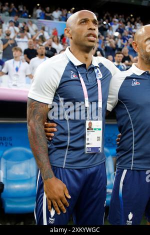 Thierry Henry war jeweils Mitglied der französischen Mannschaft während des Gruppenspiels zwischen Frankreich und den Vereinigten Staaten während der Olympischen Spiele 2024 in Paris, am 24. Juli 2024 im Marseille Stadium. Foto von Patrick Avanturier/ABACAPRESS. KOM Stockfoto