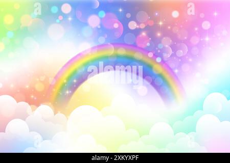 Regenbogeneinförner niedliche Farben Hintergrund. Vektormagie bewölkter Himmel mit Sternen und Bokeh. Holographischer abstrakter Verlauf mit Feenglitzer. Himmelsgalaxie Stock Vektor
