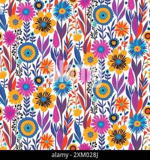 Nahtloses Muster der Fantasy-Blumen in hellem Gelb, Orange, Lila, Blau, Pink, schwarz auf weiß. Tapetendesign für Textilien, Papiere, Drucke, Mode, Verpackungen. Stock Vektor