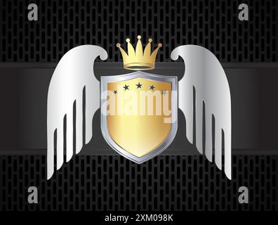 Glossy Gold Metall geflügelte Schild Symbol mit Krone, dunkler Hintergrund Vektor Illustration Stock Vektor
