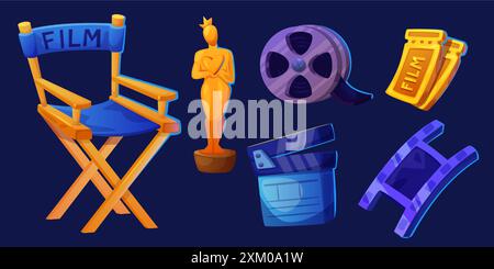 Film oscar, Popcorn und Kino Icon Cartoon Vektor Set. Filmelement isoliertes Symbol für hollywood-Festival. Design-Konzept für die Filmgestaltung mit Klapptafel, Regisseurstuhl und Bandrolle. Erstklassige Grafik Stock Vektor