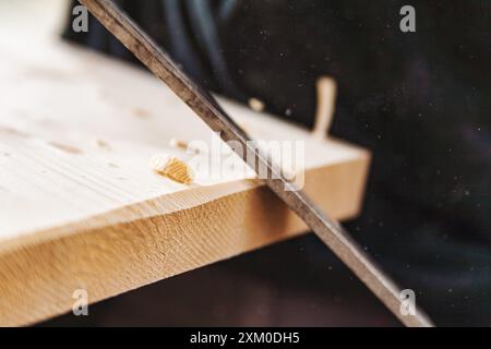 Geschulter Zimmermann glättet Holzdielen mit Raspel in einer viel befahrenen Werkstatt und erzeugt Sägemehl. Nahaufnahme zeigt Hände bei der Arbeit und hebt handwerkliches Können und Dedi hervor Stockfoto