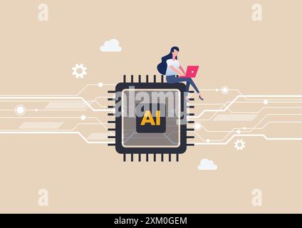 Leute, die mit KI-Technologie arbeiten. Unterstützung oder Unterstützung der erfolgreichen Arbeit Ai Prompt. Vektorabbildung Stock Vektor